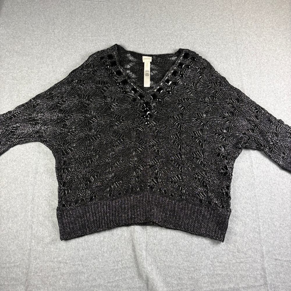 Chico's Black Metallic Open-Knit V-Neck Pullover Sweater Beaded Neckline 3